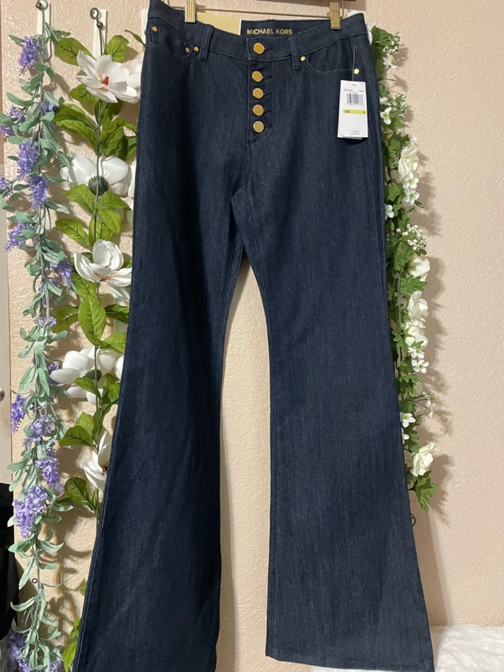 Michael Kors Navy Wide-Leg Jeans with Gold Buttons